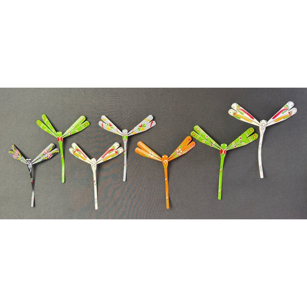 7pc Hand Painted Bamboo Balancing Dragonfly Set Whimsical Folk Art Zen Decor